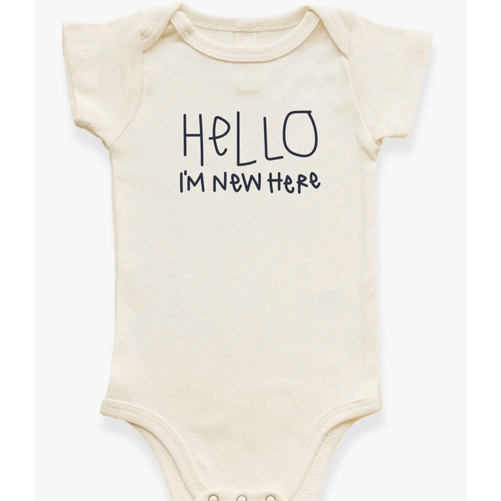 Tenth & Pine White Baby Onesie - "Hello I'm New Here"